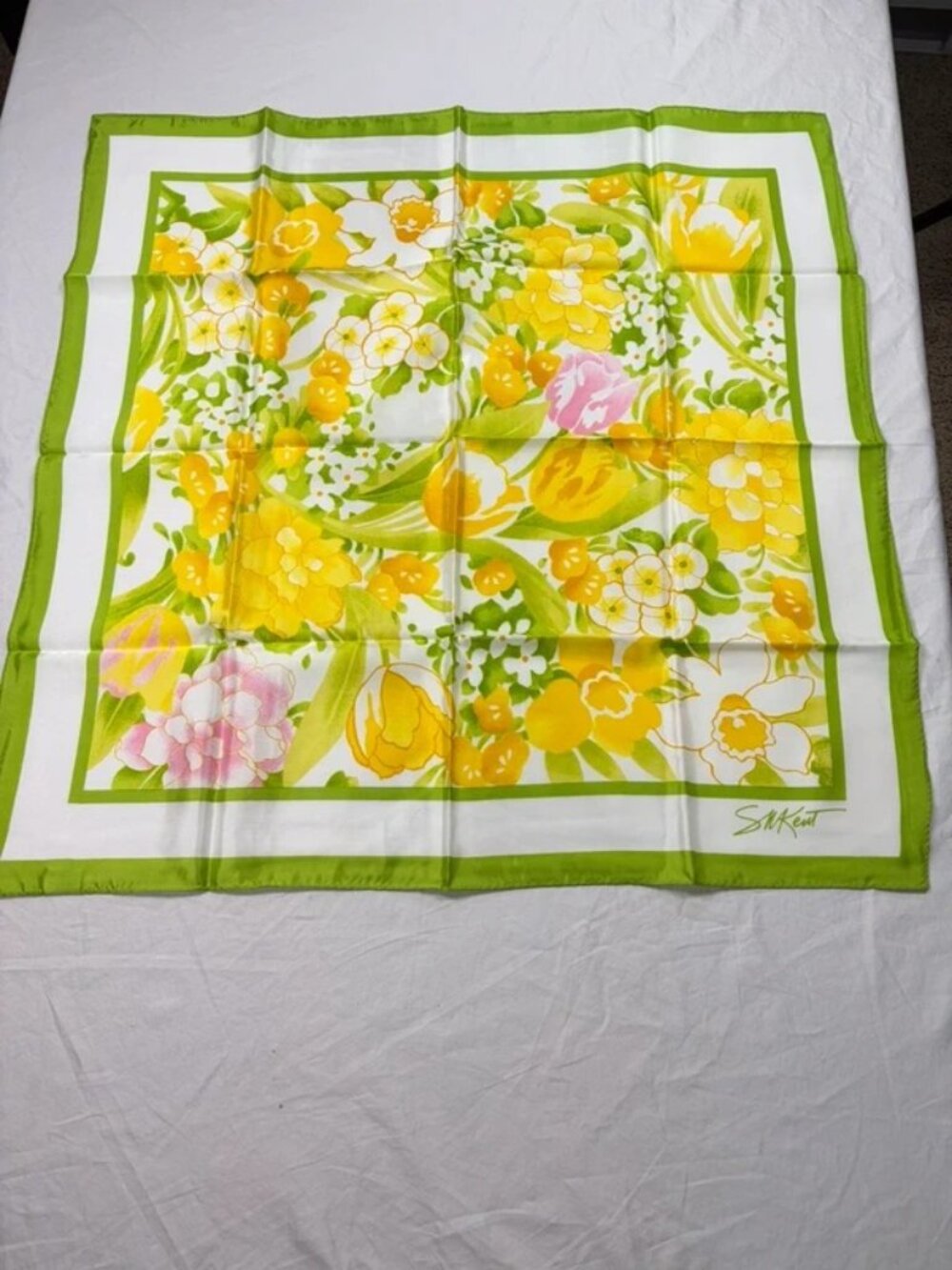 Avon Green White Yellow Spring Floral Scarf, 27" Sq VTG, 1970s NWT